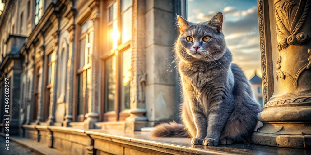 Obraz premium Grumpy Gray Cat Window Sill Outdoor Architectural Photography - Majestic Feline Portrait