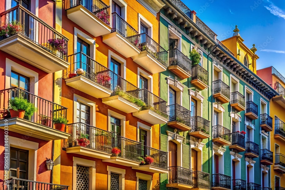 Fototapeta premium Panoramic View of Building Facade with Balconies - City Architecture