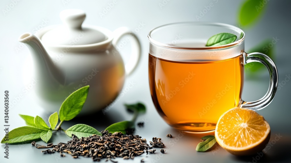 White tea pot sits next to a cup of tea with a slice of lemon and some tea leaves White tea pot sits next to a cup of tea with a slice of lemon and some tea leaves