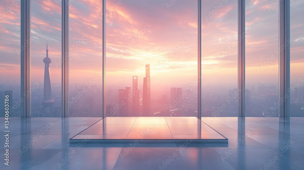 Fototapeta premium Modern skyline view from glass-floored observation deck at sunrise in shanghai