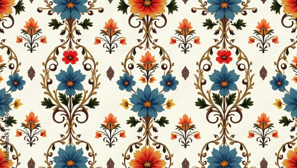 Fototapeta premium Intricate decorative border with teal and white floral motifs in folk art style. Ornate teal and white seamless border with swirling patterns and butterflies 