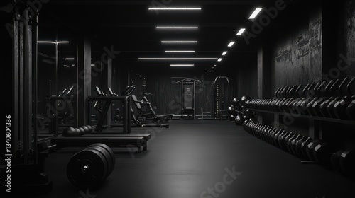 Modern empty gym with dumbbells and fitness equipment in dark lighting