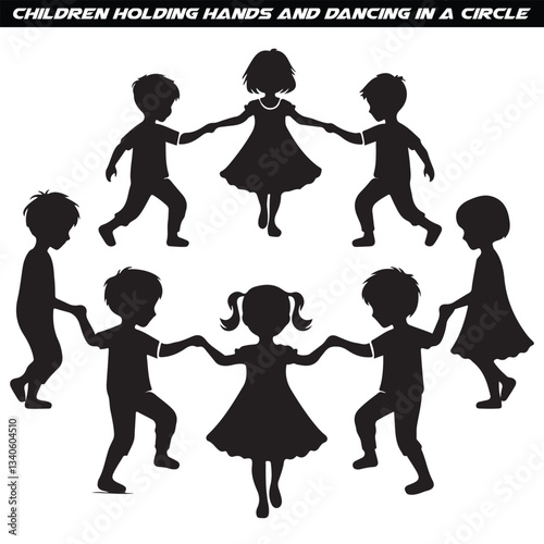 Children holding hands and dancing in a circle, friendship day silhouette
