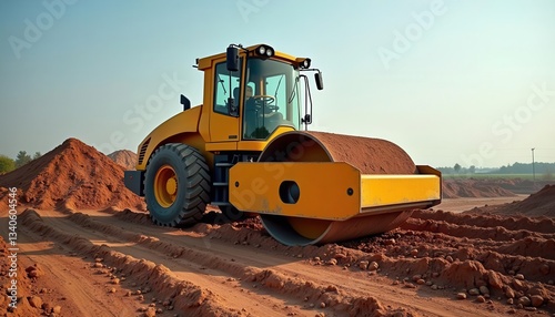 A heavy yellow road roller working on a construction site, compacting soil for a new roadway.