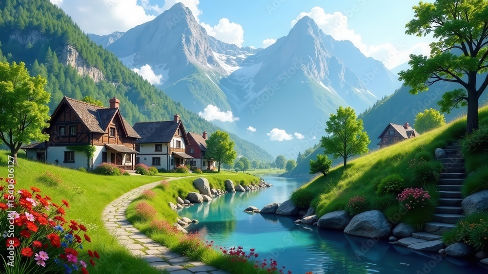 Naklejka premium Serene Lakeside Village Nestled Amongst Majestic Mountains and Lush Greenery, Featuring Winding Pathways and Picturesque Stone Steps