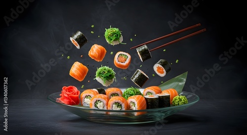 japanese sushi with soy sauce on the side, viral, trending, best selling, stock photos, ai generated sushi rolls, sushi, salmon sushi, delicious sushi, food stock