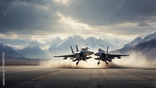 Two military fighter jets are taking off from a runway in a mountainous landscape.