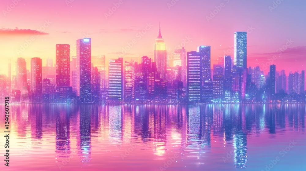 Obraz premium Vibrant city skyline reflecting in water at dusk glows beautifully