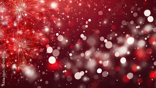 A vibrant red background filled with sparkling lights and abstract bokeh effects,