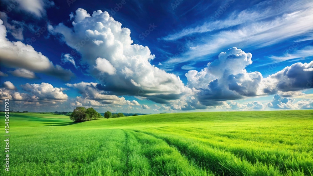 Lush Green Grass Field, Blue Sky, Fluffy Clouds - Stunning Nature Photography Lush Green Grass Field, Blue Sky, Fluffy Clouds - Stunning Nature Photography