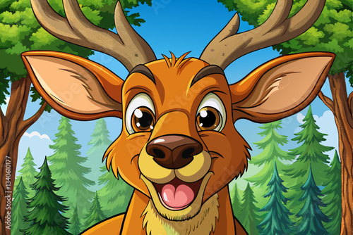 deer portrait in green forest background cartoon