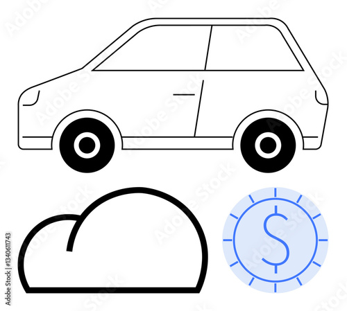 Car outline with cloud and coin symbol featuring dollar sign. Ideal for automotive, cloud computing, carsharing, finance, data storage, technology, and digital economy. Clean flat simple metaphor