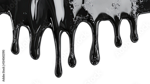 Black glossy liquid dripping effect, isolated on transparent background