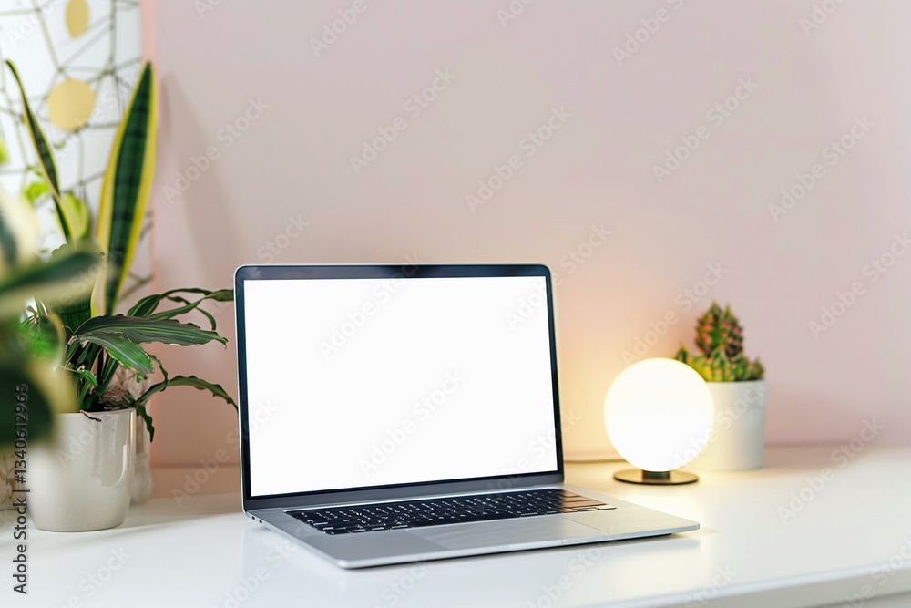 Fototapeta premium Blank laptop screen on white table with soft lighting in room