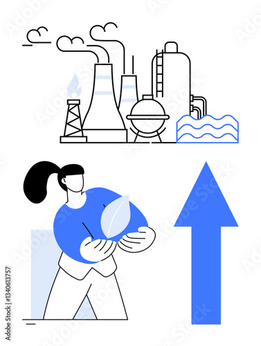Factory with emission towers and worker holding eco leaf symbol. Blue upward arrow. Ideal for environmental conservation, renewable energy, industrial development, sustainability, innovation