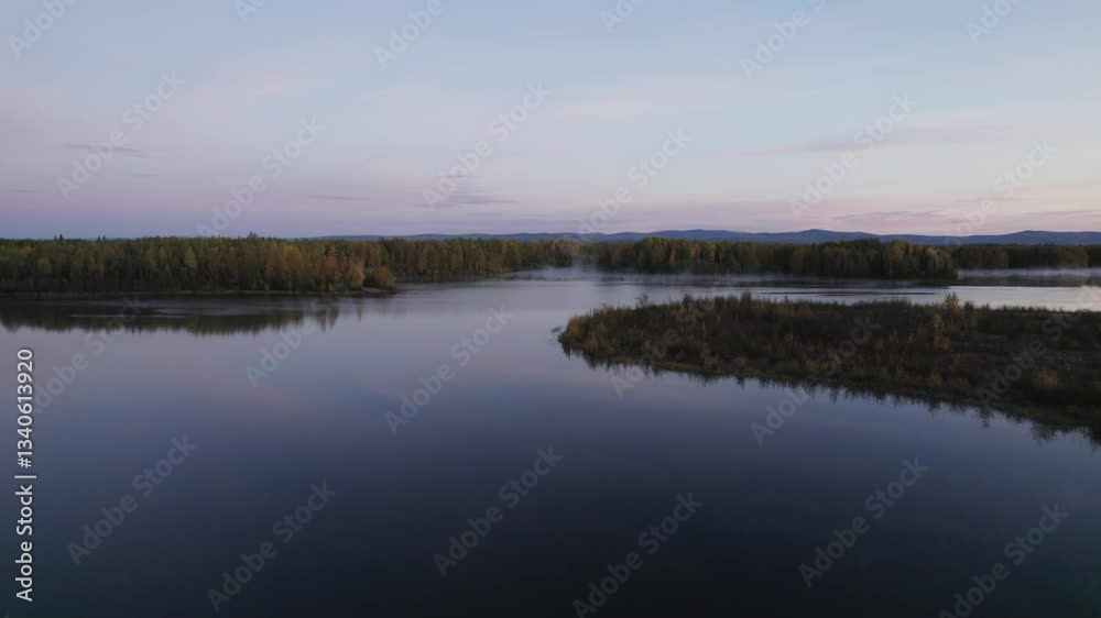 Drone Flight: Gliding Over Calm Early Morning Water, Small Islands with Trees, and Soft Sunrise Light Drone Flight: Gliding Over Calm Early Morning Water, Small Islands with Trees, and Soft Sunrise Light