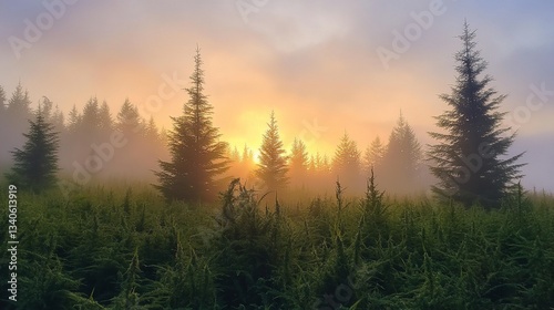 Misty forest at sunrise with towering trees and lush greenery.