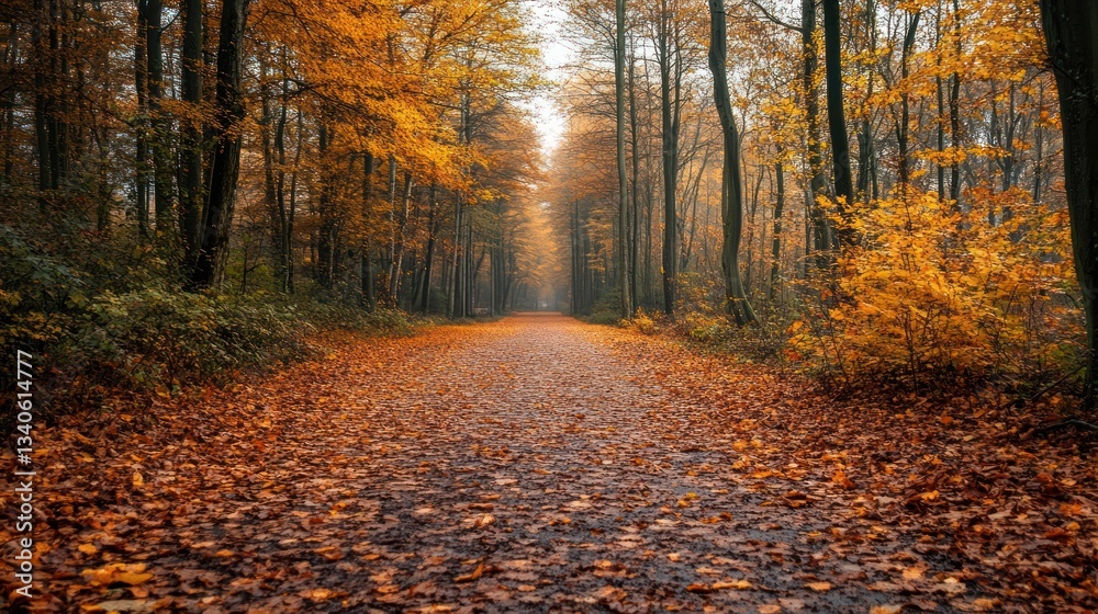 Fototapeta premium A forest path blanketed with leaves during autumn season