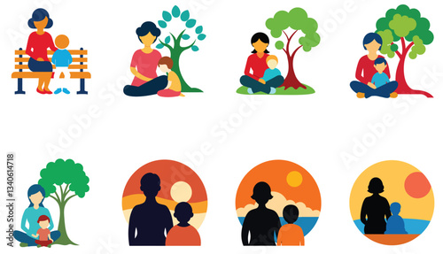 Mother and Child in Nature Park, Sunset, and Silhouette Scenes