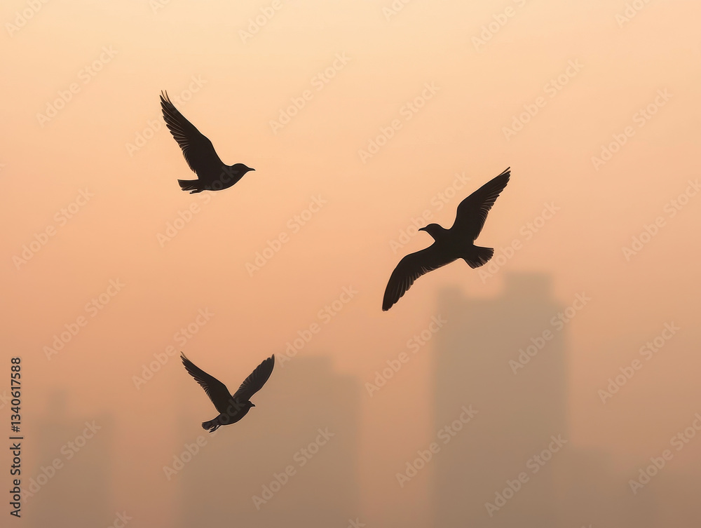 Fototapeta premium Birds flying through smog choked skyline at sunset
