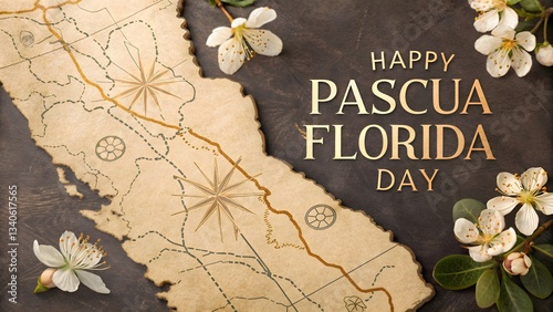 Florida pascua day map with flowers and vintage design for greeting card and social media posts use photo