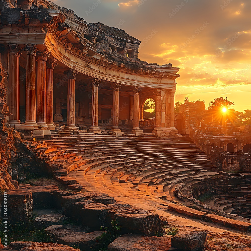 Fototapeta premium Sunlit Roman ruins with dramatic sky high resolution picture