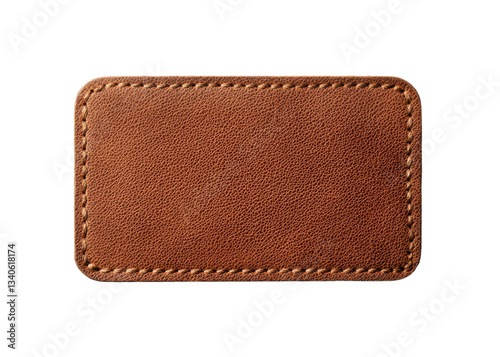 Blank brown leather label with stitching on a transparent background. Ideal for branding and design mockups.
