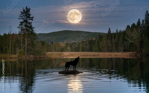 glowing full moon reflected on a calm lake, Silhouetted wolf howls at full moon over lake photo