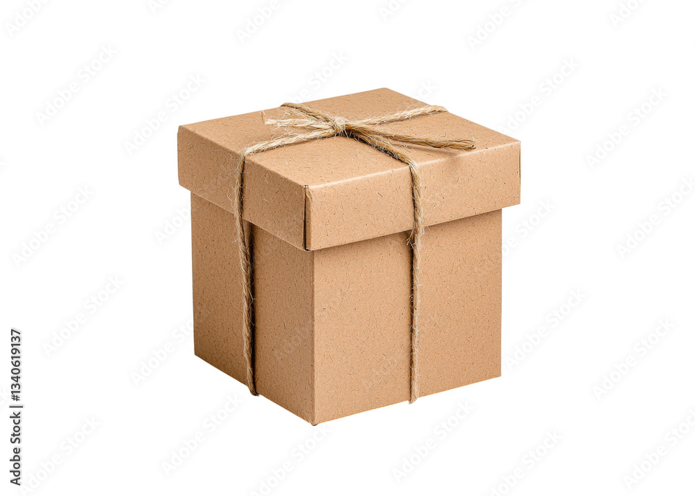 Brown cardboard gift box tied with twine on a transparent background. Concept of gifts, presents, and packaging. Brown cardboard gift box tied with twine on a transparent background. Concept of gifts, presents, and packaging.