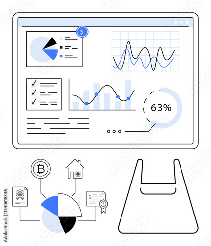 Dashboard displays analytical graphs, pie charts, and metrics alongside icons representing cryptocurrency, real estate, and shopping for commerce and finance. Ideal for business analysis, investment