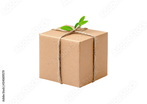 Brown cardboard box tied with twine and decorated with green leaves on a transparent background. Concept of eco friendly packaging and sustainable delivery.