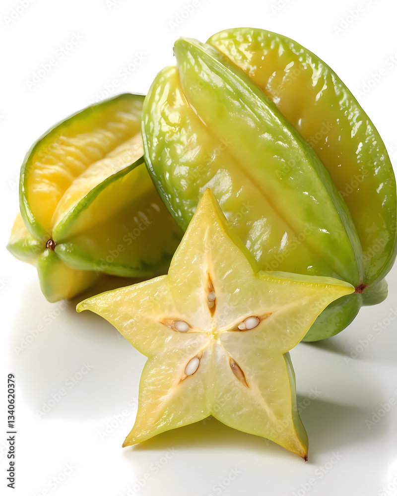 Fototapeta premium Fresh Starfruit with Star Shaped Slice on White Background