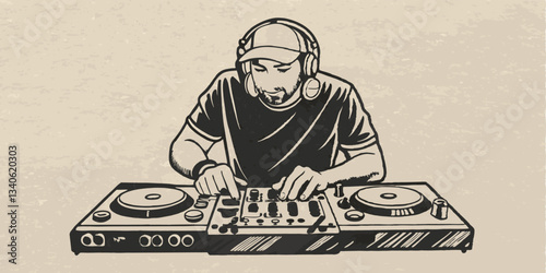 A DJ mixing music monochrome image. Flat vector illustration.