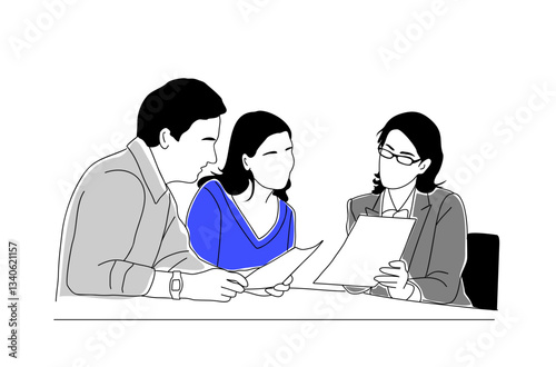 Financial advisor meeting with couple clients. Personal investment management, finance agent, money consultant. Outline, linear, thin line graphic vector illustration isolated, transparent background