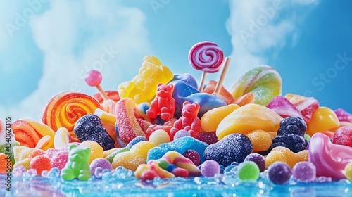 Colorful candy pile, summer sky background, sweet treats, food photography