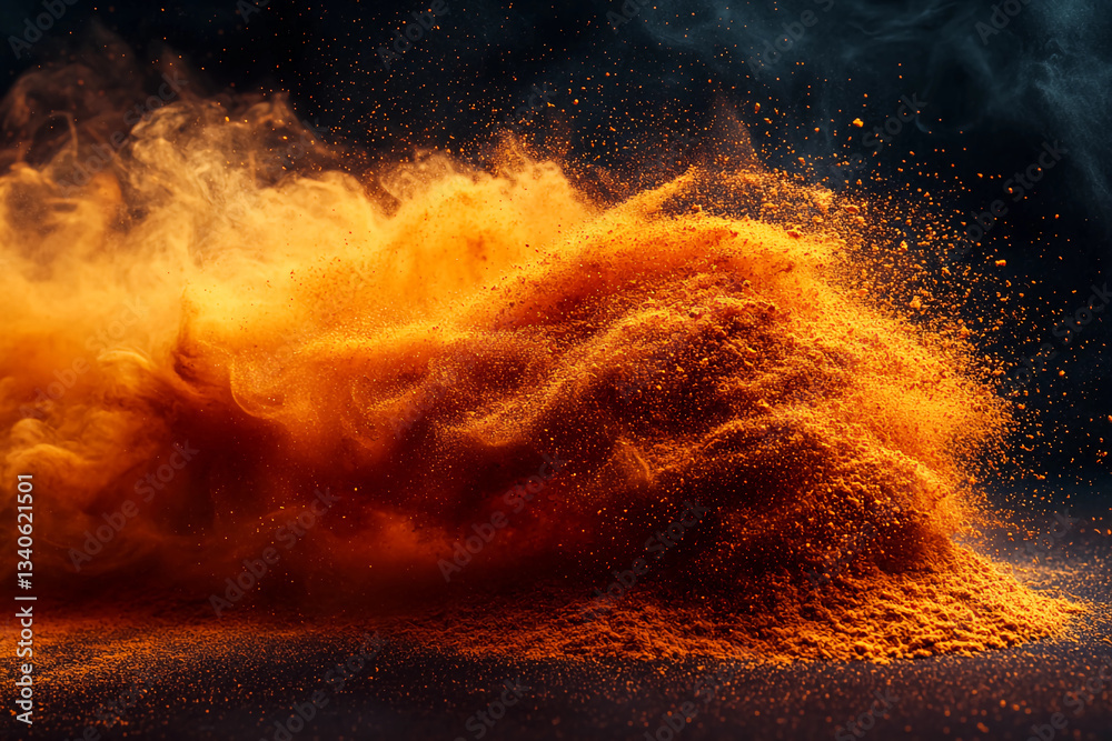 Fototapeta premium Paprika explosion creates a vibrant, fiery spice cloud of orange and red, with delicate tendrils of powder swirling, capturing the dynamic movement of the spice burst.