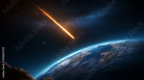 Fototapeta Naklejka Na Ścianę i Meble -  Bright orange meteor is streaking through the sky above a blue planet. Concept of wonder and awe at the vastness of the universe and the beauty of celestial events