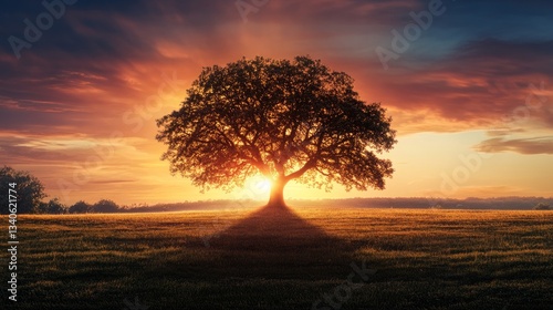 Golden Horizon: A Stunning Autumn Sunset Framed by a Giant Tree