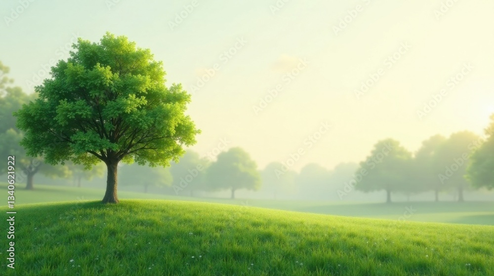 Fototapeta premium Serene Sunrise A solitary tree stands gracefully on a verdant hill, bathed in the soft glow of the morning light, surrounded by a tranquil landscape of gently rolling hills and a hazy horizon.