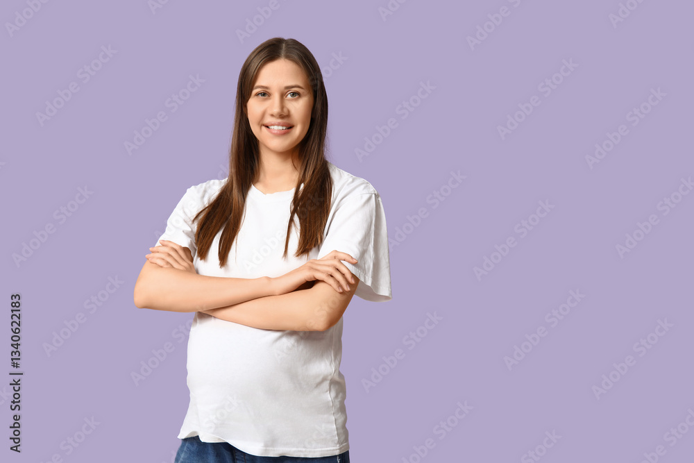 Beautiful young pregnant woman in stylish white t-shirt on lilac background Beautiful young pregnant woman in stylish white t-shirt on lilac background