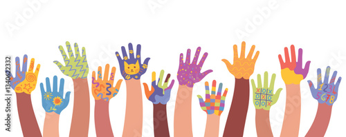 Group of raised and painted hands of multicultural children