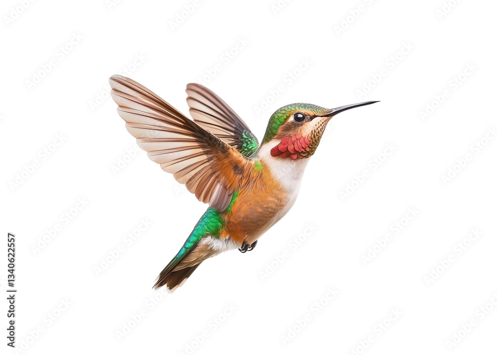 Fototapeta premium Ruby throated hummingbird in flight against a transparent background. Bird with iridescent feathers.