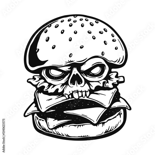 creepy cheeseburger, scary fast food, skull hamburger sketch