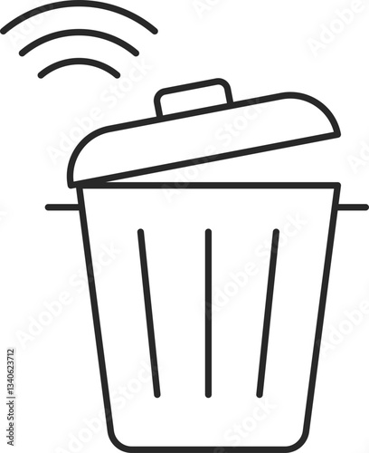Smart trash bin line icon with wireless connectivity, IoT waste management, and automatic lid, vector.