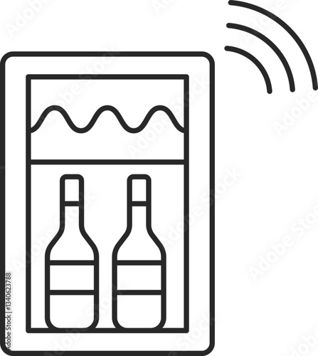 Smart wine cooler line icon with wireless connectivity, IoT temperature control, and automation, vector.