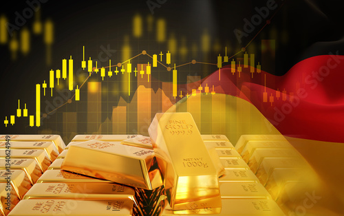 Golden bullions with Germany flag. Gold bars with stock graph chart stock. Gold reserves concept