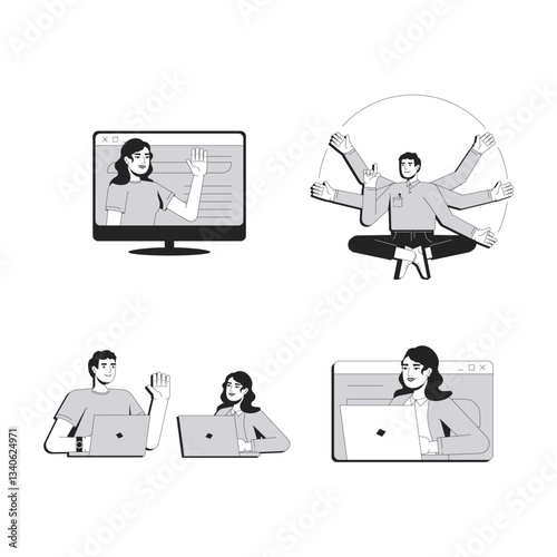 Team work line conceptual illustration set. Leadership, communication. Workflow organization. Modern technology, remote. 2D outline characters isolated. Linear drawings grayscale vector collection