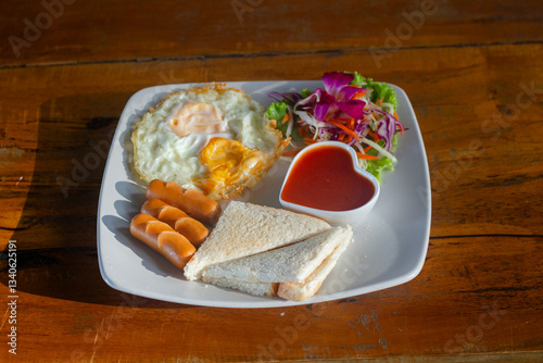 The European-style breakfast is a mix of fried eggs, sausages, bread and vegetables, as well as tomato sauce.