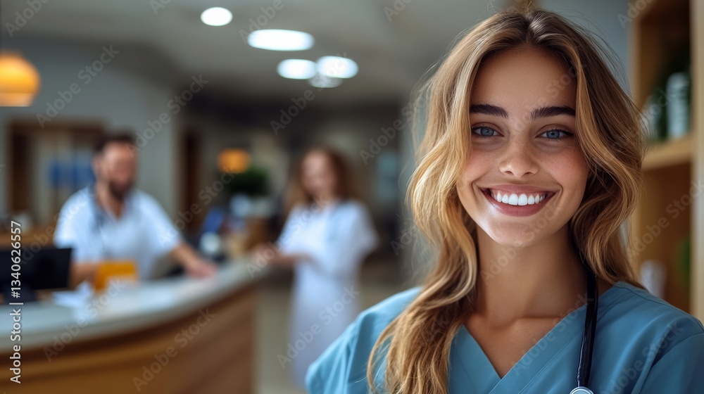 Fototapeta premium Woman in a blue scrubs is smiling at the camera. She is a nurse and is standing in a hospital room