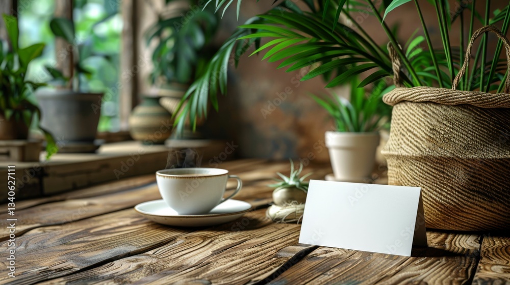 A white card sits on a wooden table next to a cup of coffee